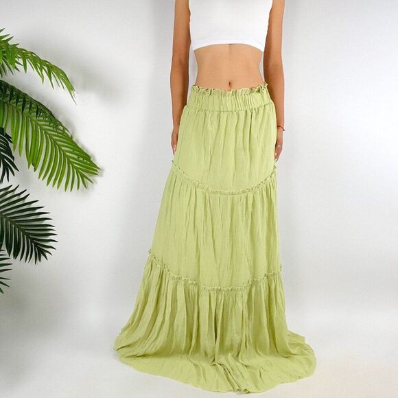 Vintage Green Boho Fairycore Cottagecore Beachy Tiered Ruffle Maxi Skirt / M - Picture 1 of 6